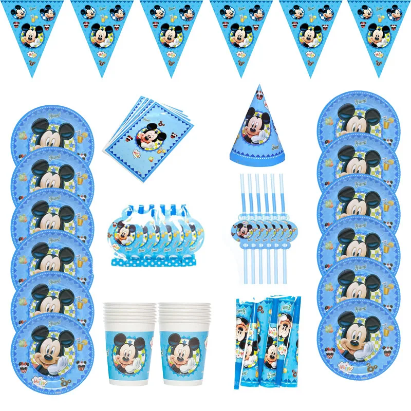 Disney-vajilla desechable de Mickey Mouse para decoraciones de fiesta, tazas, servilletas, platos, pajitas, decoración, suministros de fiesta de cumpleaños