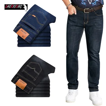 

Plus Size 32-48 Men's Straight Stretch Slim Business Jeans men Casual Solid High Waist Black Blue Denim Trousers Male 6 Model