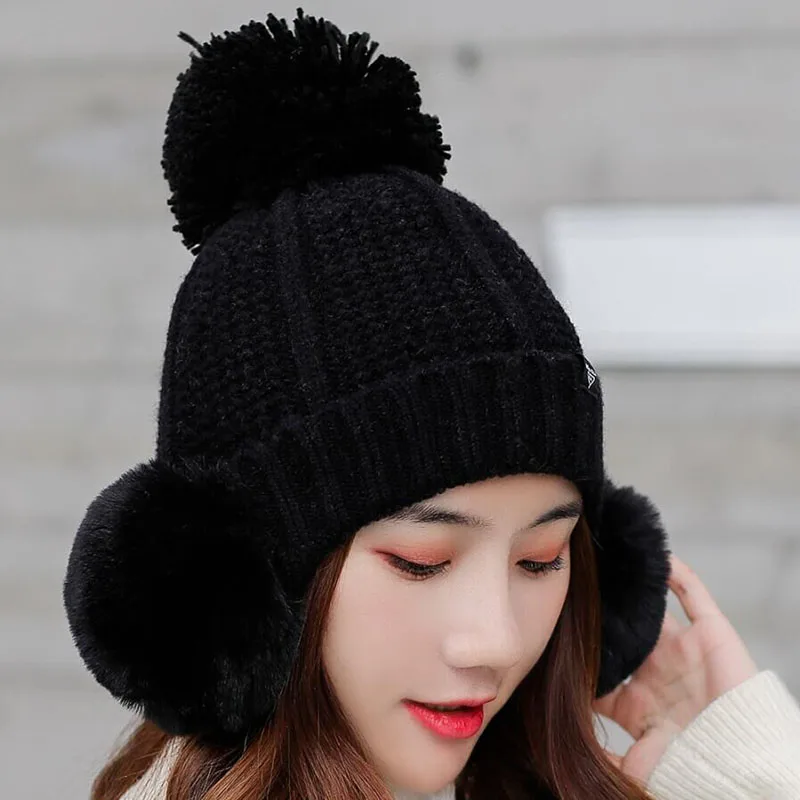 SUOGRY/зимние вязаные шапки высокого качества, женские шапки Skullies, шапки, толстые теплые шерстяные помпоны, зимняя шапка-ушанка