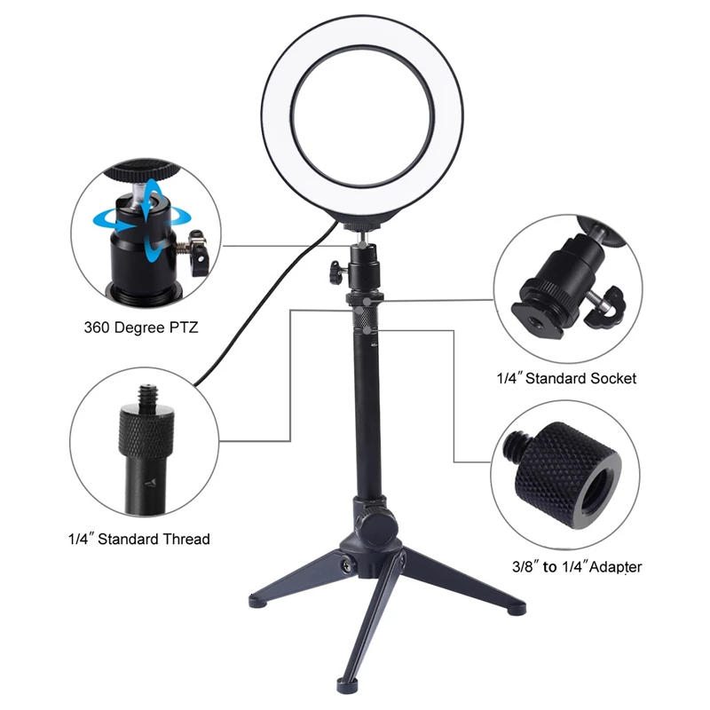 Настольный штатив-тренога, кольцевой светильник, комплекты, Youtube Live, светодиодный светильник для видео, ing, USB порт, двухцветный, 3200 K-5600 K, лампа для макияжа