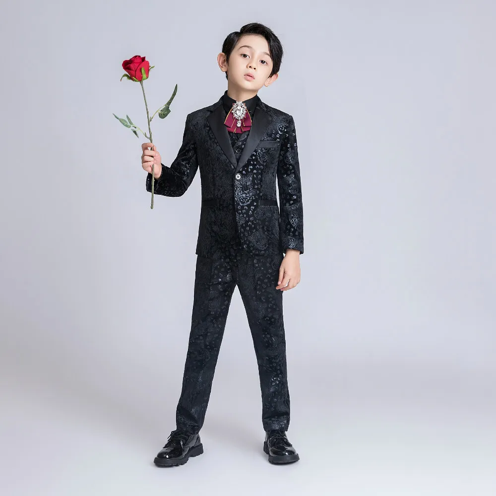 YuanLu/Коллекция года, костюмы для мальчиков черные бархатные Детские костюмы с цветочным принтом для фортепиано, Свадебный Блейзер, пиджак костюм для малышей элегантный облегающий костюм
