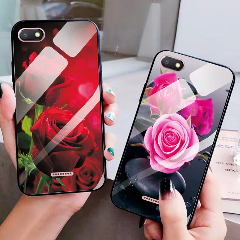 Чехол из закаленного стекла с рисунком розы для Xiaomi Redmi 5A, задняя крышка, чехол для Redmi 6A, силиконовый стеклянный бампер для Xiaomi Redmi 7A 6A