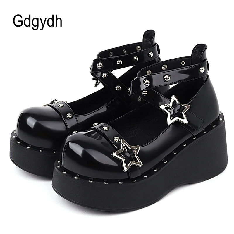 Gdgydh Autumn New Women Single Shoes Gothic Rivets Rhinestone Cosplay Female Pumps Black Lolita Mary Janes Wedges Shoes Platform