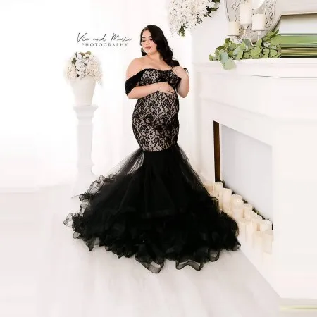 

Elegant Black Lace Pregnancy Gowns Cap Sleeves Mermaid Shape Tulle Ruffles Trumpet Women Birthday Party Dresses