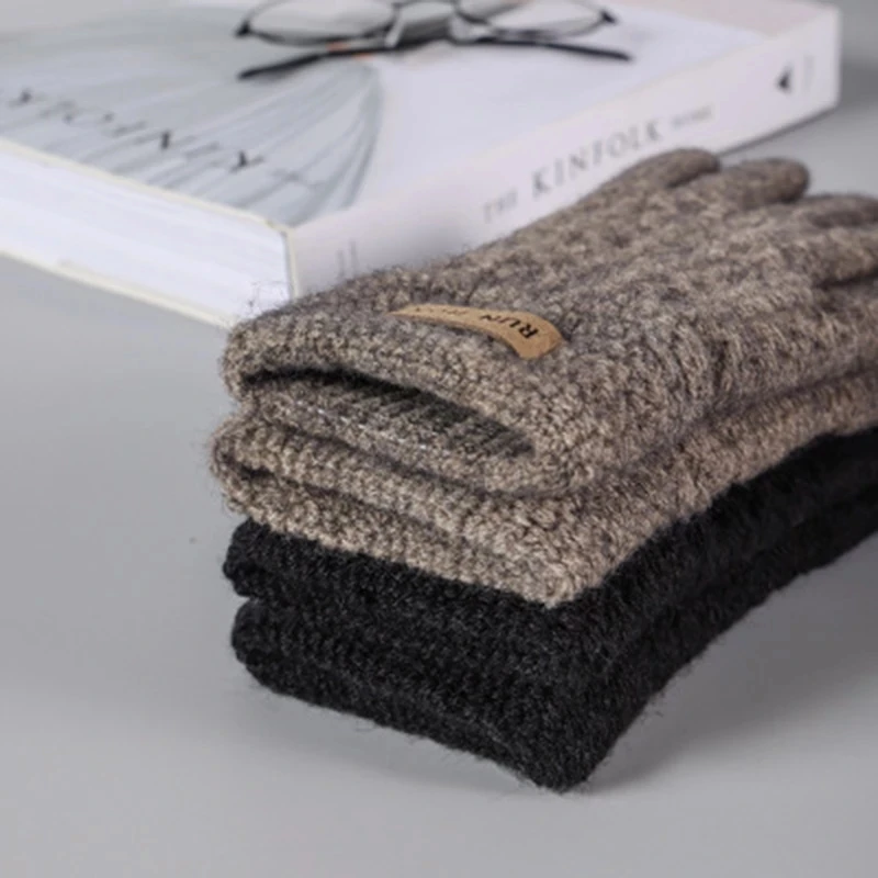Unisex Winter Wool Knit Double Layer Thicken Elastic Nonslip Cycling Mittens Men Touch Screen Warm Full Finger Driving Glove H96