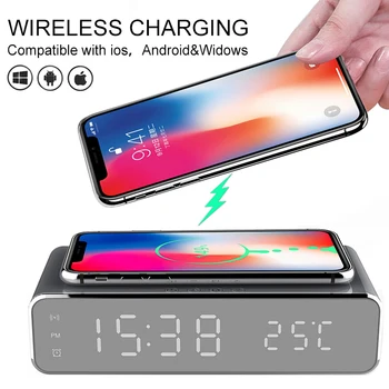 

LED Electric Alarm Clock With Wireless Phone Charger Desktop Digital Thermometer Clock Desktop Electronic Bcaklight Table clock