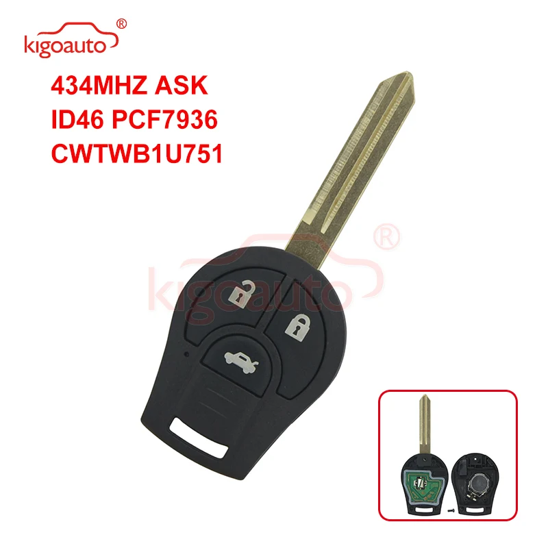 Kigoauto CWTWB1U761 Remote Key 3 Button 434MHZ ASK ID46 PCF7936 CWTWB1U751 For Nissan Micra Juke Note X-Trail Tidda Almera