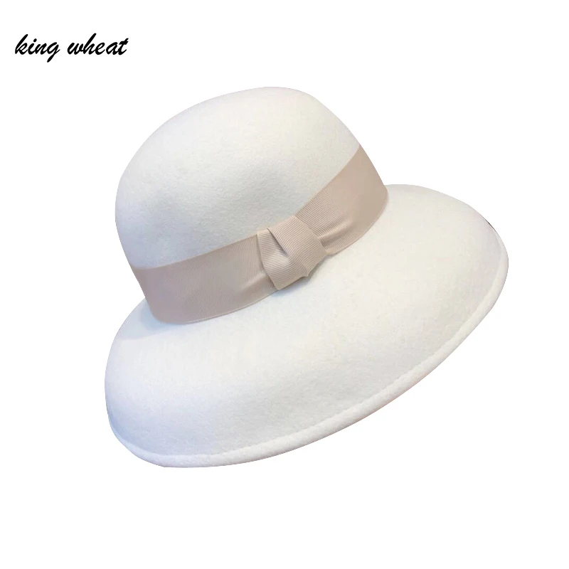 

King Wheat White Wool Hepburn Style Women Fedora Stage Show Felt Cap 2021 Winter Lady Fashion Performance Party Adult Top Hat