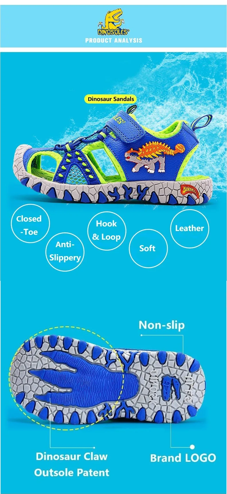 Sandal for girl DINO Dinosaur LED Flashing Summer Sandals 4-8Y Boys Children Cut-Outs Closed Toe Fashion Little Kids Beach Spots Shoes Anti-Slip girls leather shoes