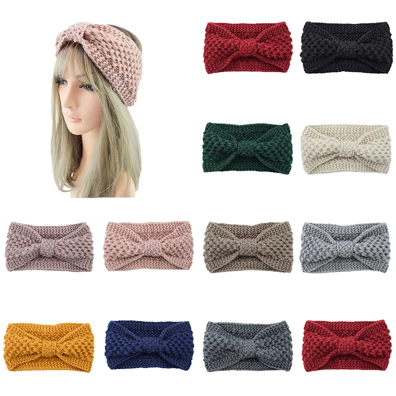 

European and American knitted Woolen Bow Headband Solid Color Acrylic Knitting Warm Comfortable Stretch Fabric Hair Accessories