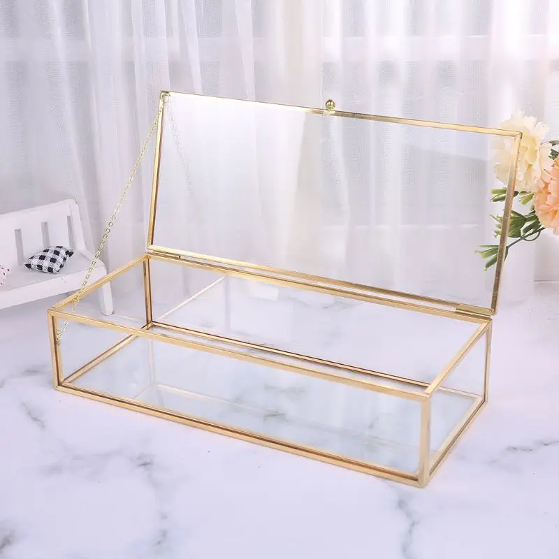 K5DC Golden Vintage Glass Lidded Box Edge Bracelet Keepsake Decorative Jewelry Display Personalized Large Clear Rectangle Box jewelry display pillows mini storage boxes