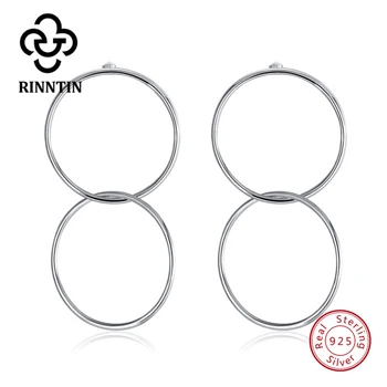

Rinntin 925 Sterling Silver Women Drop Earrings Unique 2 Circles Buckled Round Hyperbole Earring For Rock Girls Gift TSE78