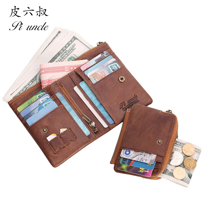 PI UNCLE Brand MOTO Style Metal Chain Wallets RFID Genuine Leather Men's Short Zipper Pocket Wallet Men Cardholder Purse