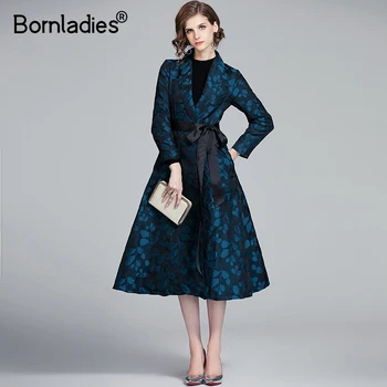 

Bornladies Runway Winter Long Trench Coat Women's Long Sleeve Jacquard Long Windbreaker With Belt Slim Elegant Casacos Femininos