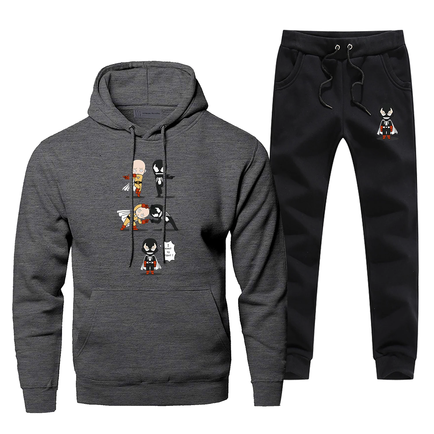 Забавный дизайн японского аниме ONE PUNCH-MAN Venom Fit I WANT TO FIGHT, толстовка с капюшоном, штаны, мужские комплекты, флисовая спортивная одежда - Цвет: Dark Gray
