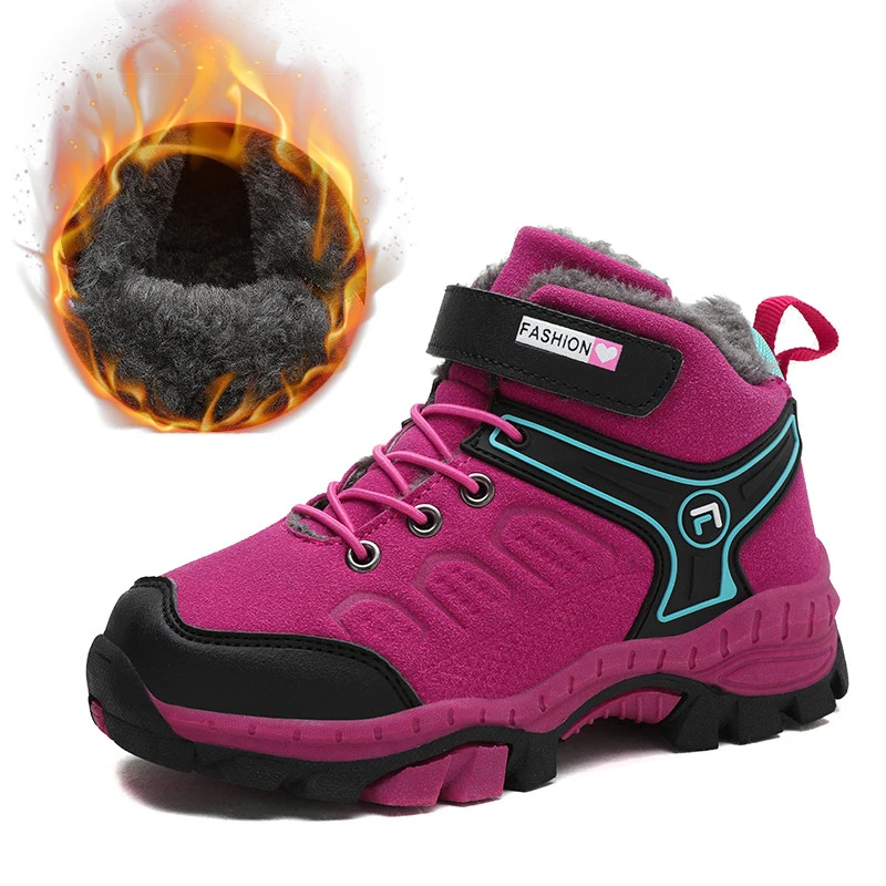 Зимние ботинки для мальчиков; бархатная теплая хлопковая обувь; модные брендовые Детские кроссовки; нескользящая походная обувь; утепленные ботильоны для девочек - Цвет: Розовый