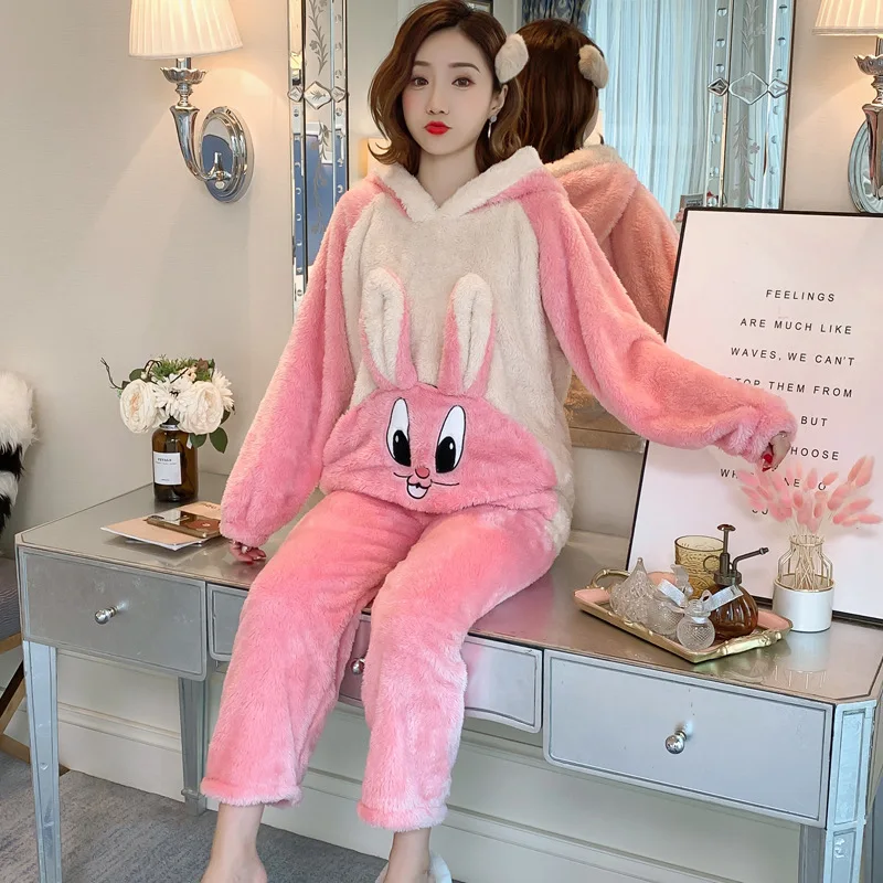 

741 # Pajamas Women's Autumn & Winter Cute Warm Thick plus Velvet Flannel Long Velvet Hooded Homewear Set