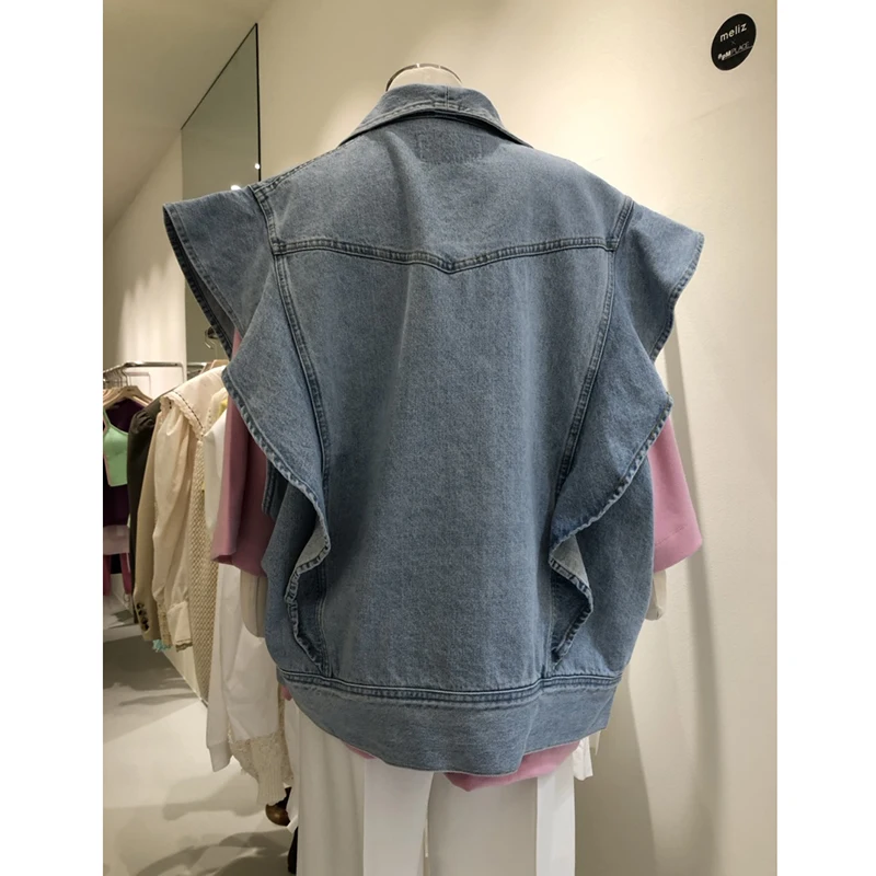Harajuku Ruffles Oversize Denim Jacket Fashion Sleeveless Large Size Vest Tops Chic Streetwear Jeans Coat Single Breasted Jacket
