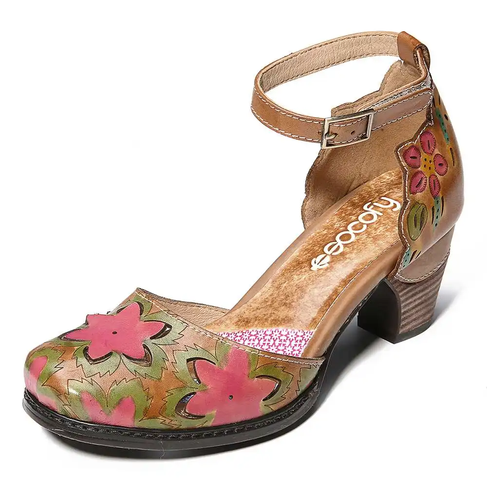 SOCOFY/сандалии ручной работы из натуральной кожи с цветочным узором; сандалии на застежке-липучке; Летняя женская обувь; коллекция года - Цвет: pink