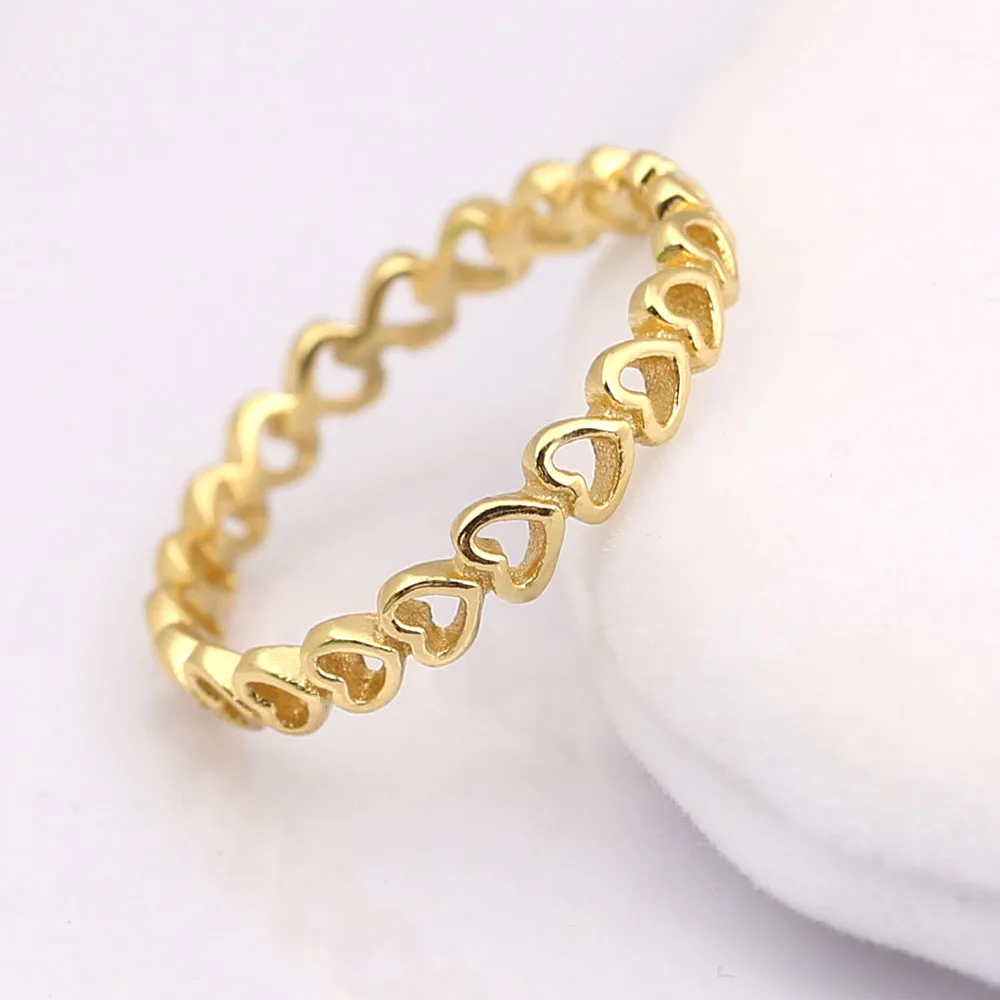 

solid 925 sterling Silver beads charm Gold-color Linked Love Ring Shine Compatible with European Jewelry DIY