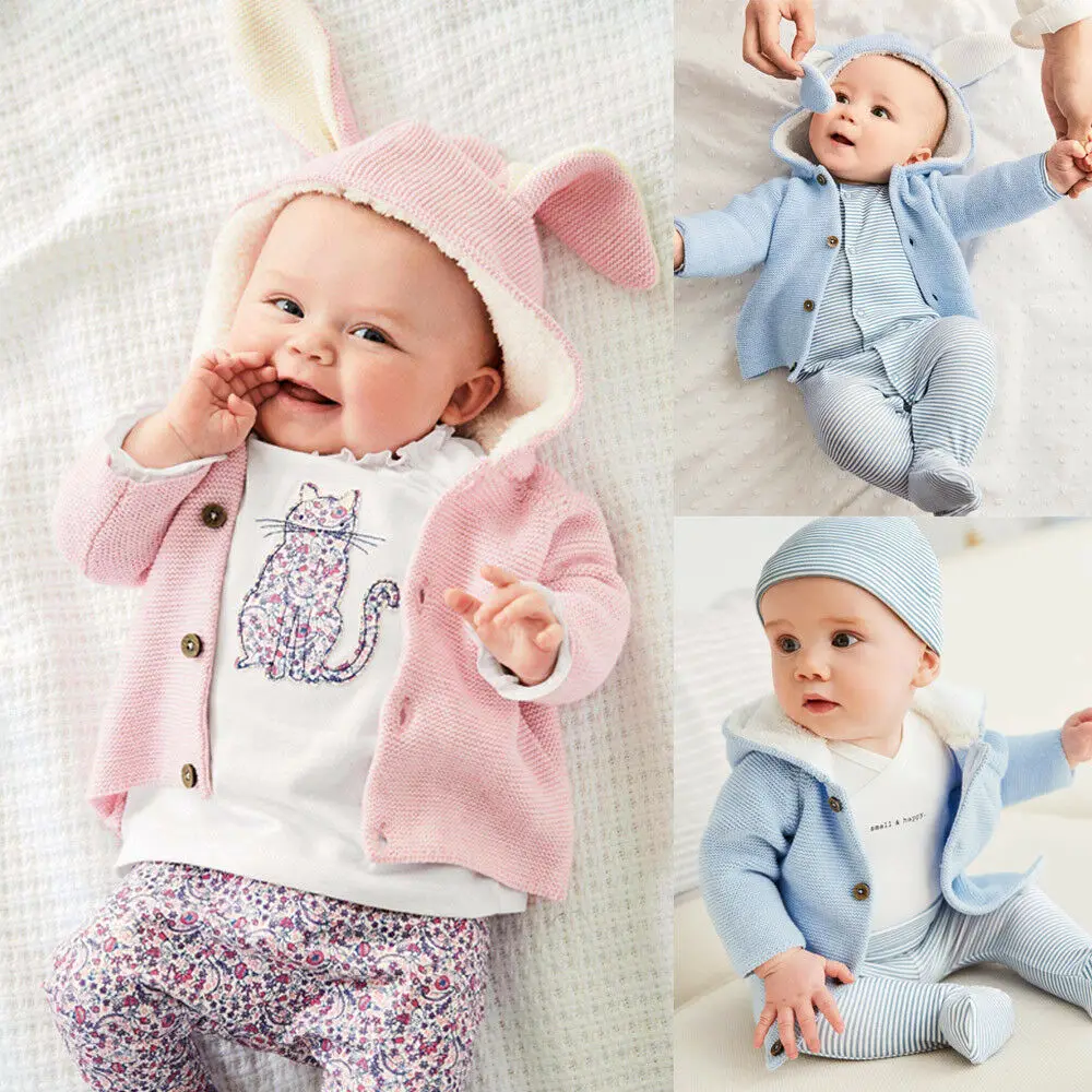 Зимняя одежда для новорожденных девочек от 0 до 24 месяцев вязаные свитера для мальчиков милые кардиганы с капюшоном и пасхальными ушками, верхняя одежда теплая одежда
