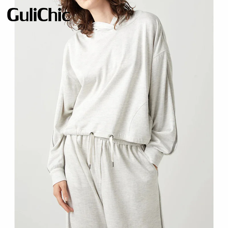 1.6 GuliChic High Quality Women Comfortable Casual 2 Piece Set Hooded Beading Drawstring Hem Hoodie + Wide Leg Pants |
