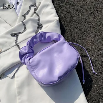

[BXX] Chain PU Leather Crossbody Bags For Women 2020 Simple Shoulder Messenger Pleated Handbags Female Luxury Cross Body HM116