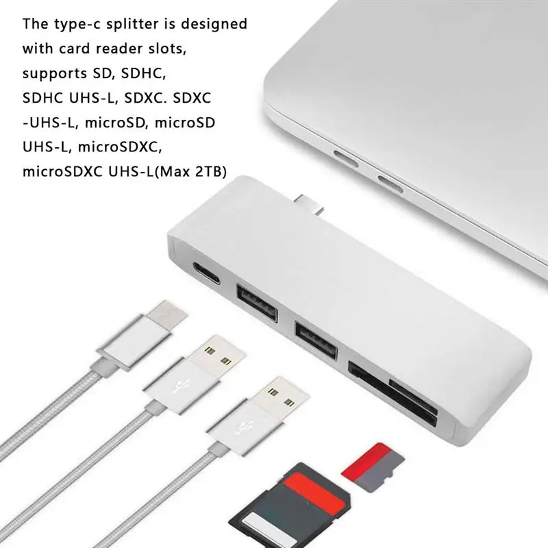 

Type-c Splitter USB 3.0 High Transmission Speed USB-C Adapter Converter with SD TF Card Reader, Silver