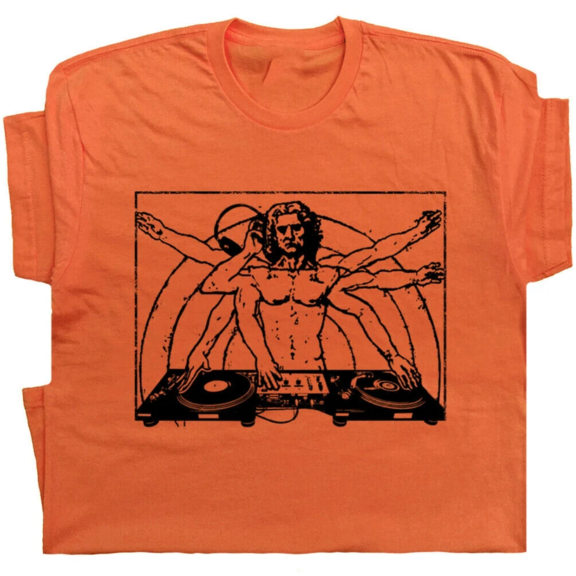 DJ T Shirt DaVinci Technics Graphic Turntables Headphones Record Player 80s Tee Cotton short sleeve | Мужская одежда
