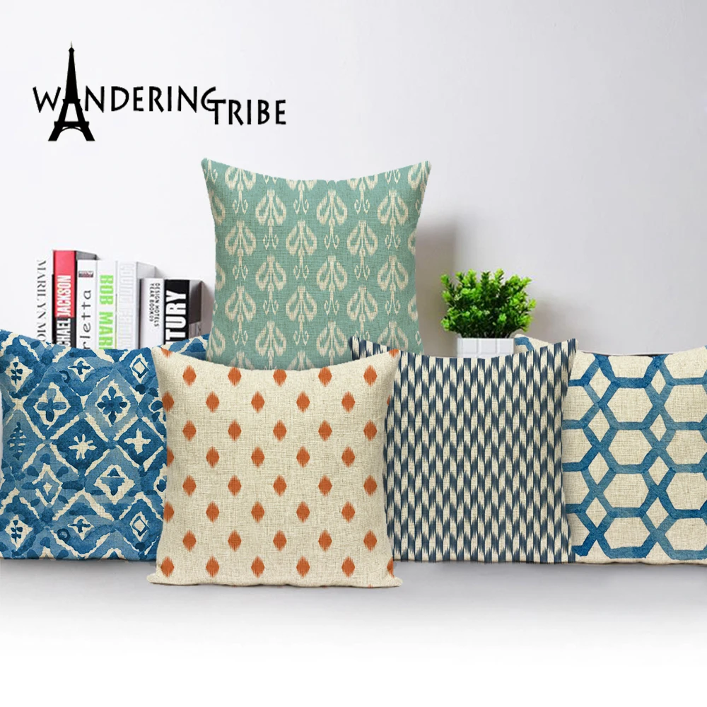 

2019 New Toss Pillow Modern Art Blue Printing Pillow Case Chair Custom Linen cushions Home Decor Bohemian feather Cushion covers