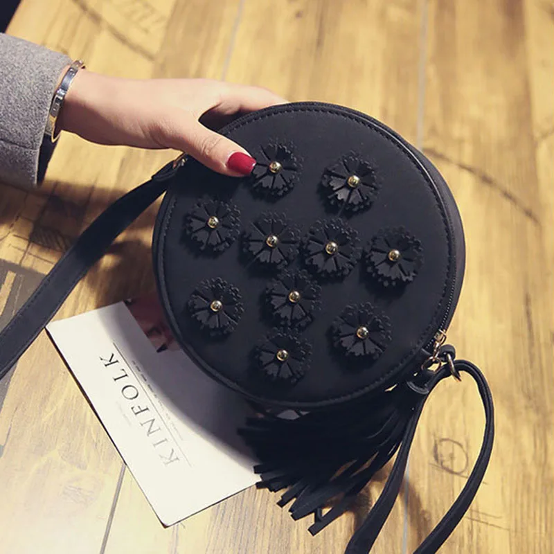

New Style Women Small Flower Tassel Shoulder Bag PU Leather Round Bag Crossody Bags