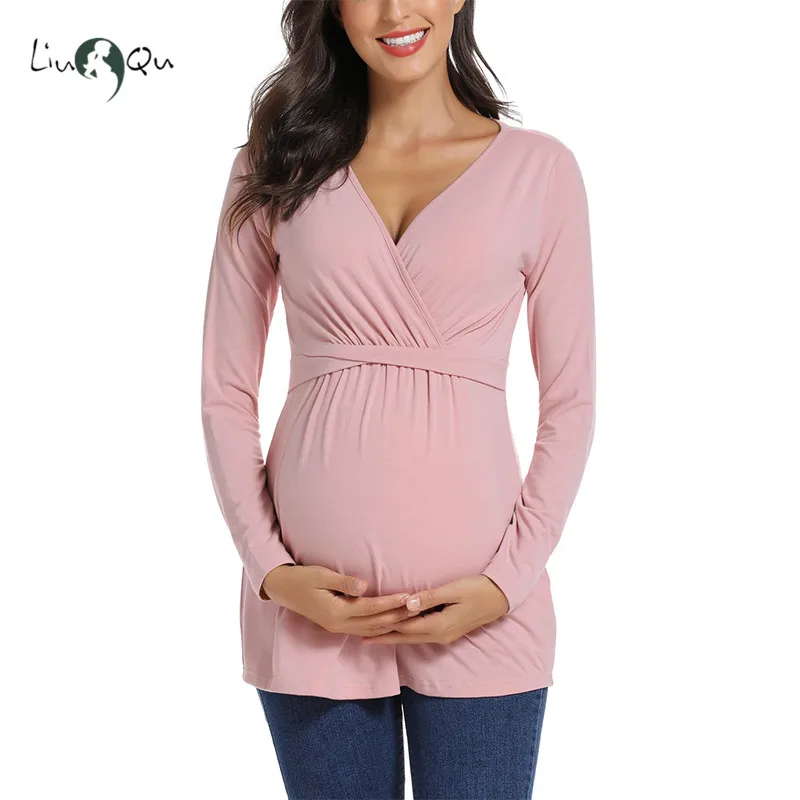 Женская обувь для беременных, с длинным рукавом Топ для кормления Breastfeeeding одежда Prengnacy футболка с v-образной горловиной, свободного покроя, талии завязывается приталенные блузки для беременных