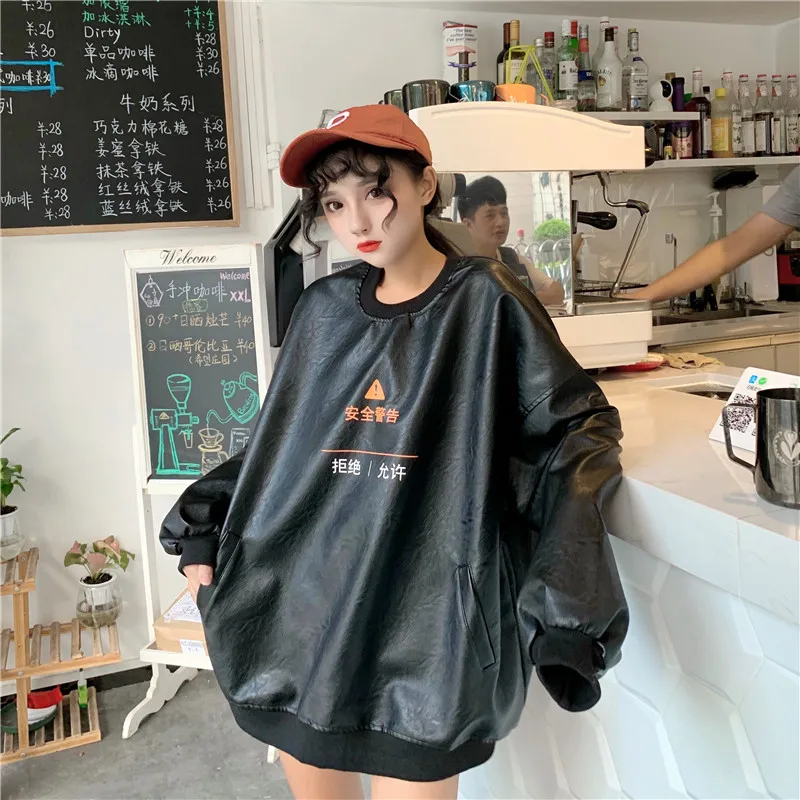 2619 Price plus 5 Autumn And Winter WOMEN'S Dress New Style Loose And Plus-sized Long Sleeve Crew Neck Leather Coat Women's Fash