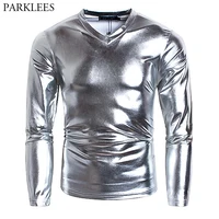 Men's V Neck Sliver Metallic Shiny T Shirt Disco Nightclub Prom Long Sleeve Tshirt Homme Hip Hop Halloween Carnival Streetwear 1