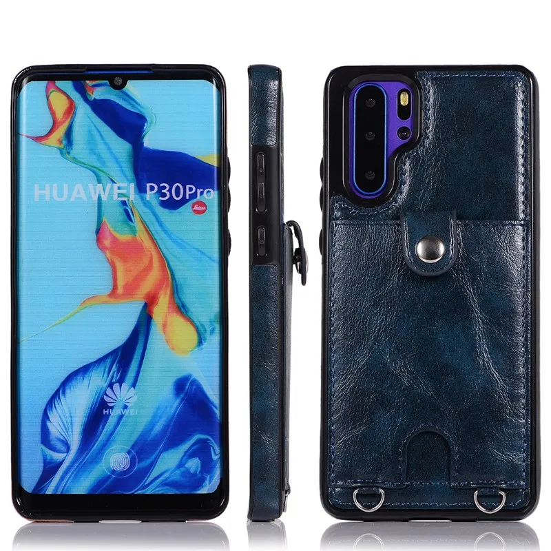 Blue С ремешком из искусственной кожи чехол для huawei P30 Pro P30 Lite mate 20 Pro mate 20 Lite слот для карт ремешок ожерелье модный чехол-кошелек - Цвет: Blue