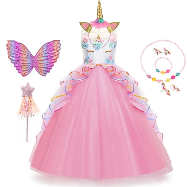 2021 Girls Unicorn Dress Kids Flower Appliques Ball Gown Princess Dresses Elegant Party Costumes Children Clothing Birthday Gift 1