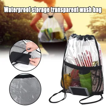 

Transparent Waterproof Drawstring Backpack Storage Bag with Front Pockets for Travel Beach H66