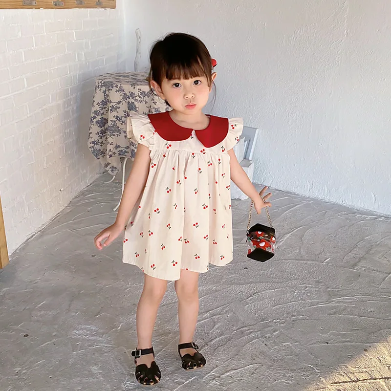 Cherry Print Girls Dress Toddler Kid Baby Clothes Ruffles Sleeveless Cotton Dresses Elegant Cute Sweet Sundress Outfit 1-7T girls dress