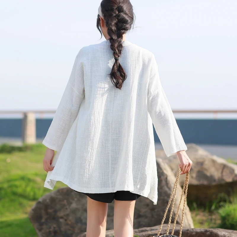 Mb525349# летняя Солнцезащитная одежда женская хлопковая льняная средней длины открытая воздушная рубашка с длинным рукавом тонкое пальто
