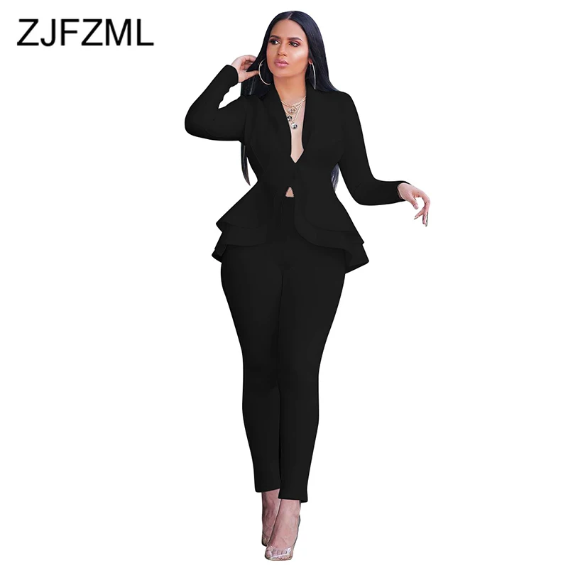 

Space Cotton Causal Two Piece Blazer Set Top and Pants Set Women Notched Long Sleeve Ruffle Coat and Pencil Pants Solid Outfit