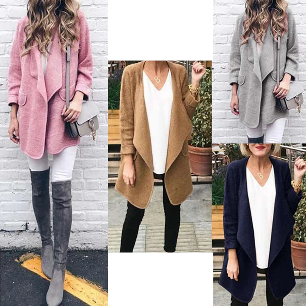 Manteau Femme осень зима женский модный кардиган с длинными рукавами Свободная блуза шерстяная розовая серая однотонная Повседневная кардиганы пальто