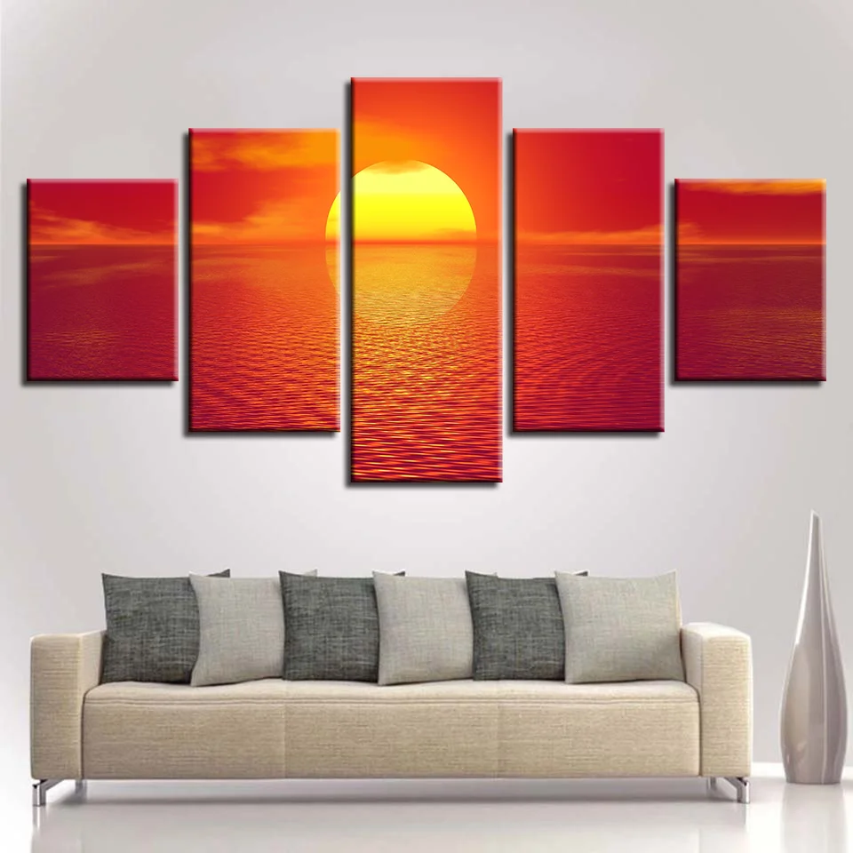 5 Panel Sunset Seaview Painting Wall Art Modular Poster Modern Canvas HD Prints Living Room Pictures Home Decoration Frame | Дом и сад