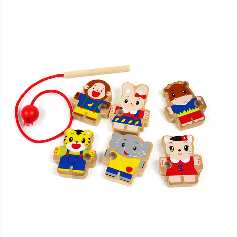 Носить бусины бисерные игрушки деревянная детская игрушка Монтессори Образовательные игрушки своими руками мультфильм животных нанизывание резьбы деревянные игрушки для детей