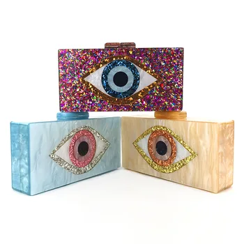 

Women Evening Small Mini Flap Shell PVC Box Clutches Purse Bags Pearl Champagne Color Acrylic Evil Eye Patchwork Handle Bags