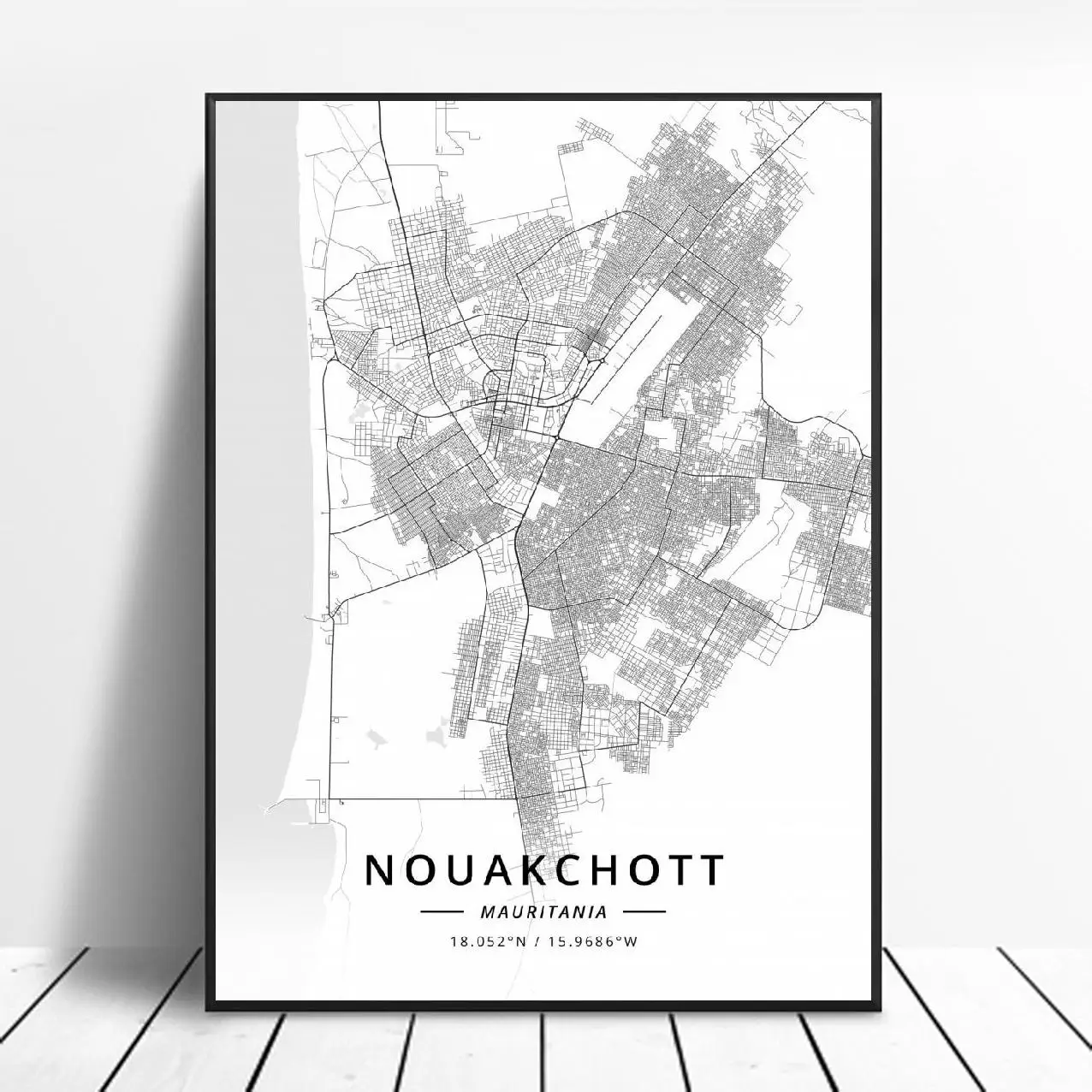Черно-белый Nouakchott mouritary Широта Долгота холст Художественная карта постер | Дом и