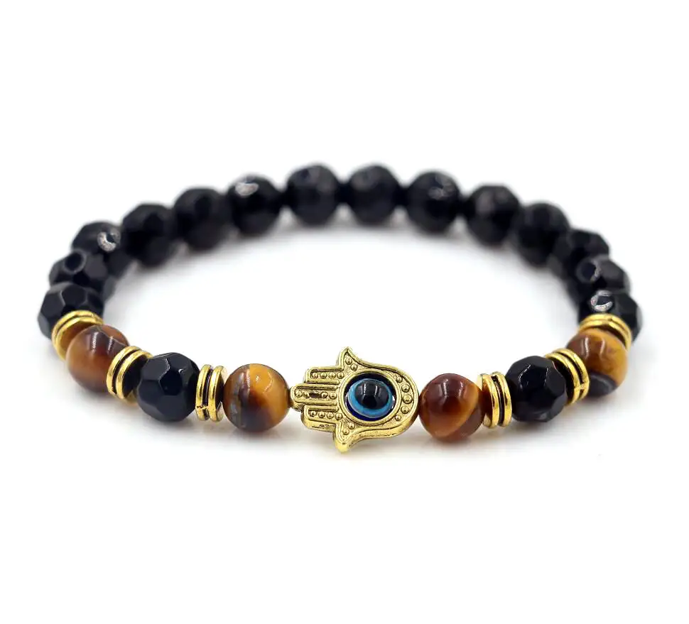 Trendy Beads Bracelet For Men Fatima Hamsa Hand Tiger Eye Stone Charm Chakra Energy Yoga Bracelets Jewelry pulseira | Украшения и