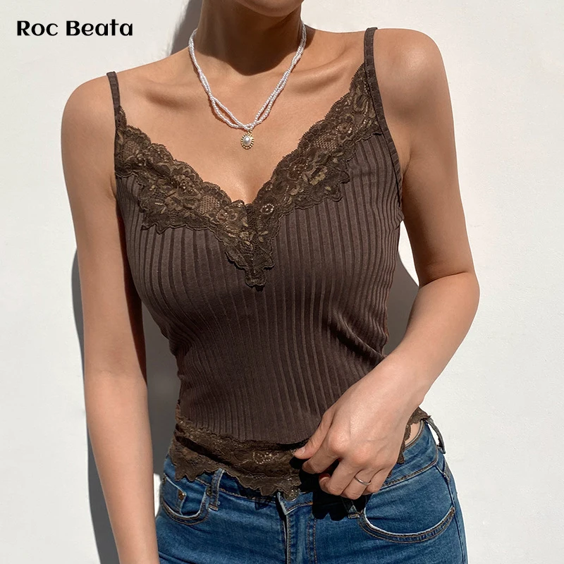 green bra Patchwork Lace Brown Y2K Crop Top Summer V Neck Sexy Sleeveless Cami Tops Tee Backless Spaghetti Strap Top camisole bra