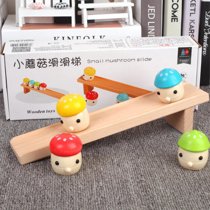 

Children Wooden Small Animal Educational Early Childhood Fun Small Mushroom Slide Solid Wood Camera Track Wood Building Blocks T
