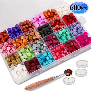 

600PCS Sealing Wax Beads Set with 3PCS Tea Candles and 1 PC Wax Melting Spoon for Wedding Card Wax Sealing Stamp (24 Colors) 20E