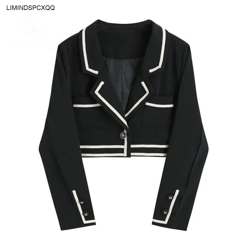 

2023 Spring Autumn Women Black Short Blazer Long Sleeve Vintage Elegant Fashion Casual Slim Jacket Female Short Outwear Tops